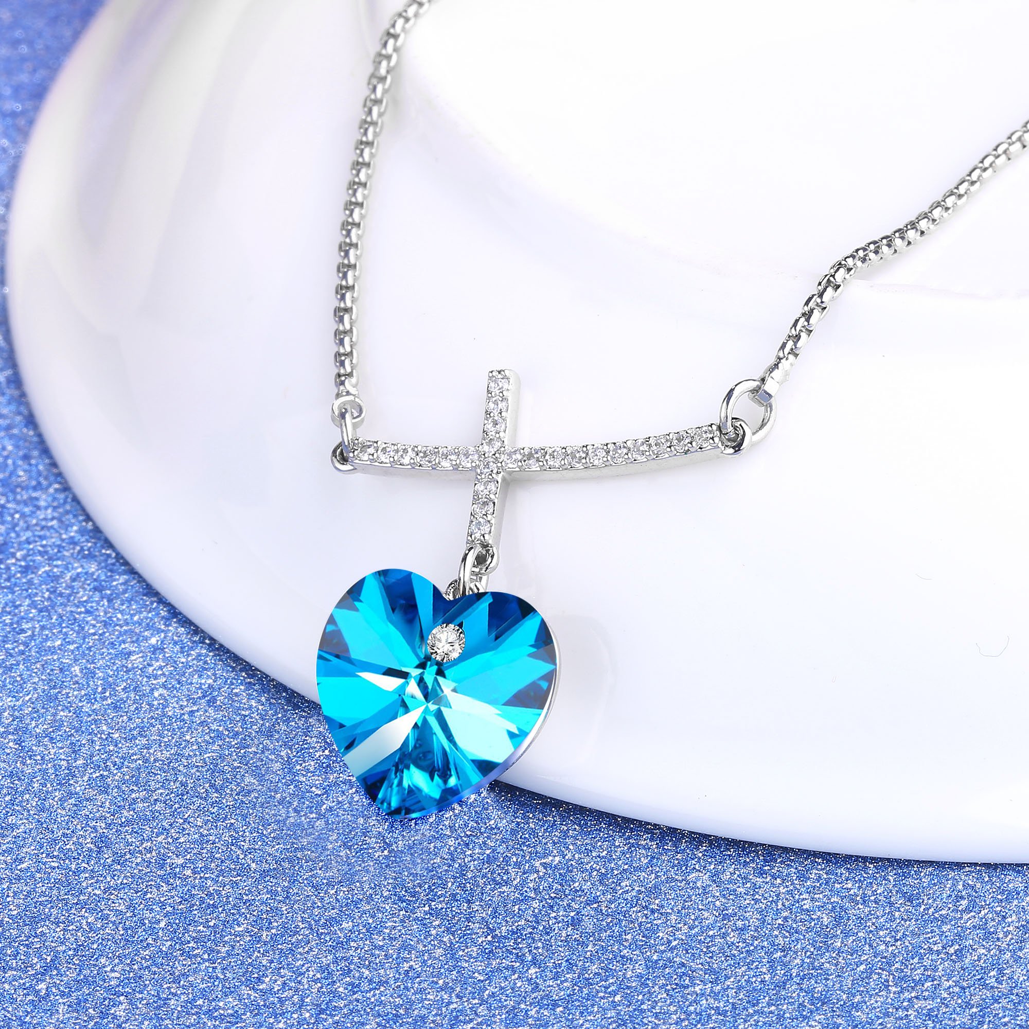 GEORGE SMITH My Prayer Cross Pendant Necklace Diamond necklaces Blue Crystal from Swarovski,Women Jewelry Gifts for her (Blue-2)