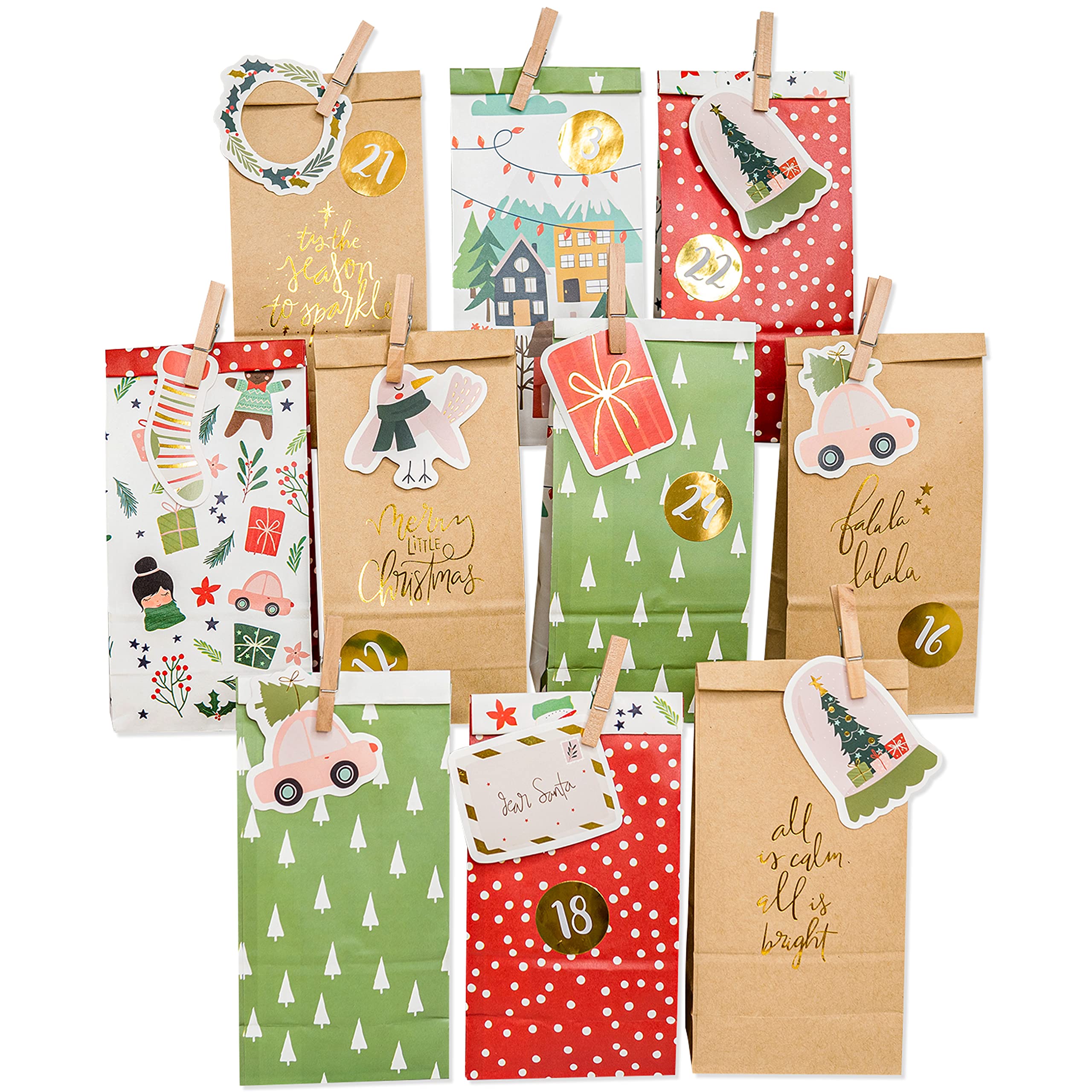 Papierdrachen Advent Calendar to Fill - 24 Brown, Green and Red Printed Gift Bags and 24 Number Stickers and Clips - with Gift Tags - for Crafts and Gifts - Set 1