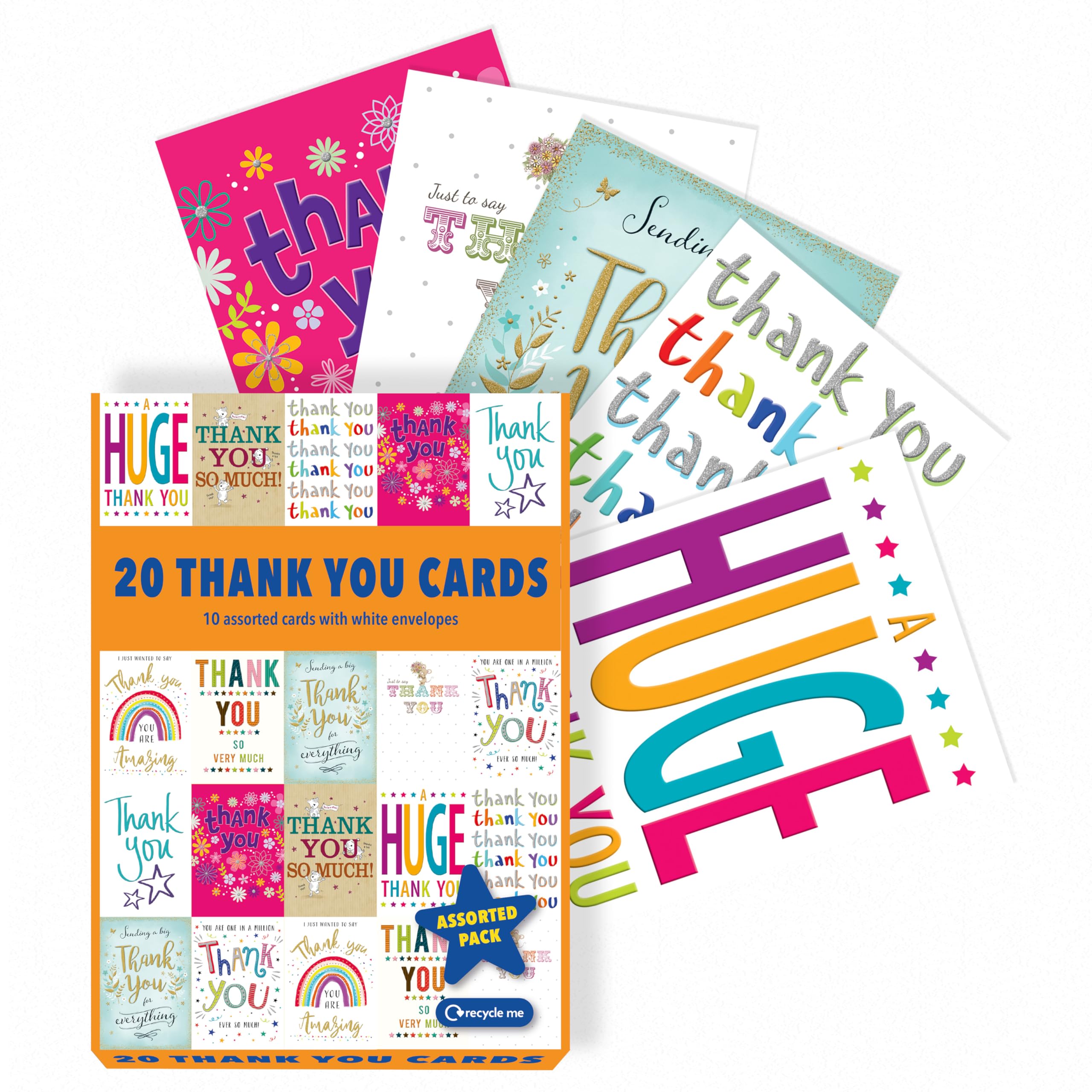 Piccadilly Greetings Assorted Thank You Cards Multi-pack |Pack of 20|5x7 inches| 10 unique colorful designs with white envelopes, suitable for all ages and genders