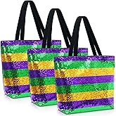 Dansydaisy 3 Pcs Large Mardi Gras Tote Bags 19.7 x 15 Inch Sequin Mardi Gras Bead Bag Stripe Tote Purple Green and Gold for Carnival Lovers Gift Parade Catching Beads Beach Accessories