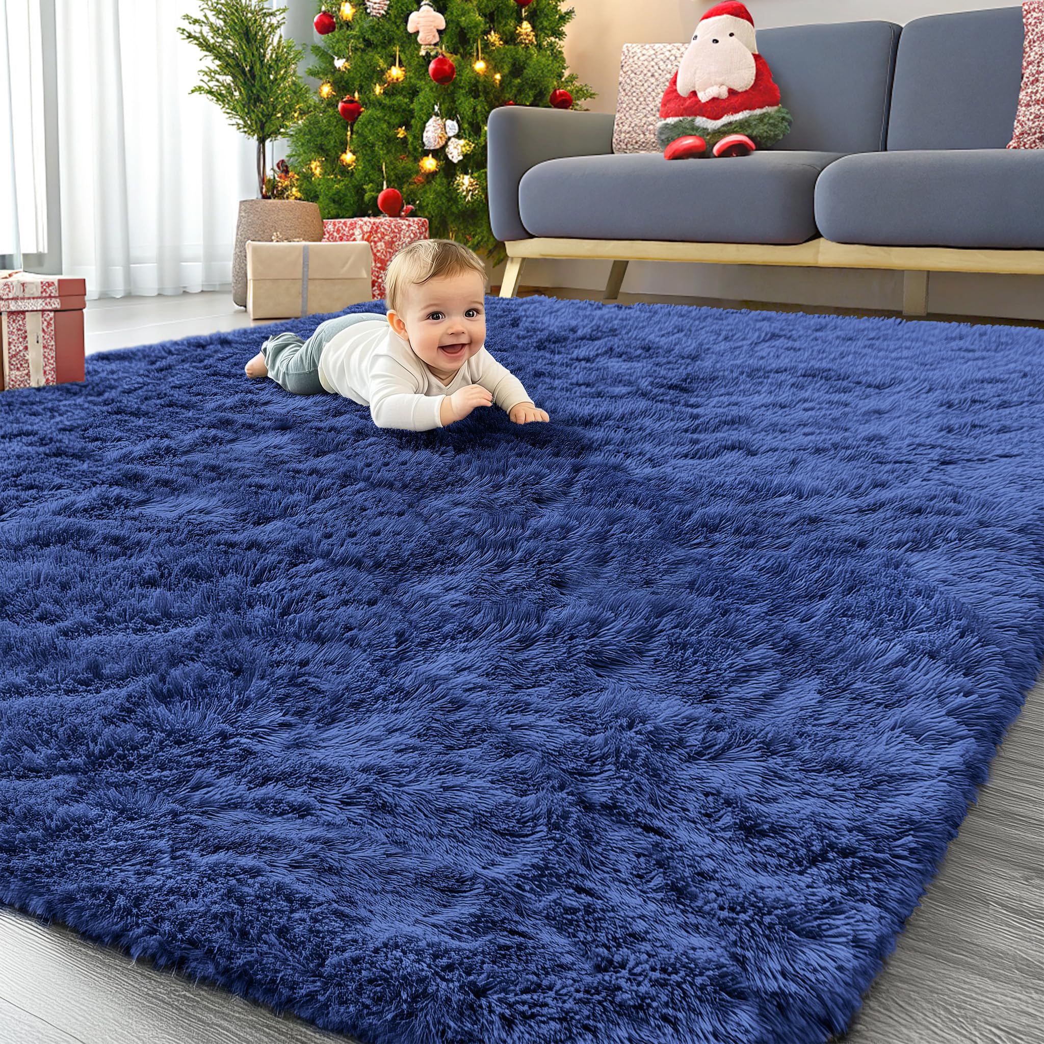 Photo 1 of OLANLY 8x10 Machine Washable Large Area Rugs for Living Room, Bedroom, Soft Fluffy Shaggy Bedside Rug, Indoor Floor Carpet for Kids Girls and Boys, Dorms, Nursery, Home Decor Aesthetic, Navy Blue
