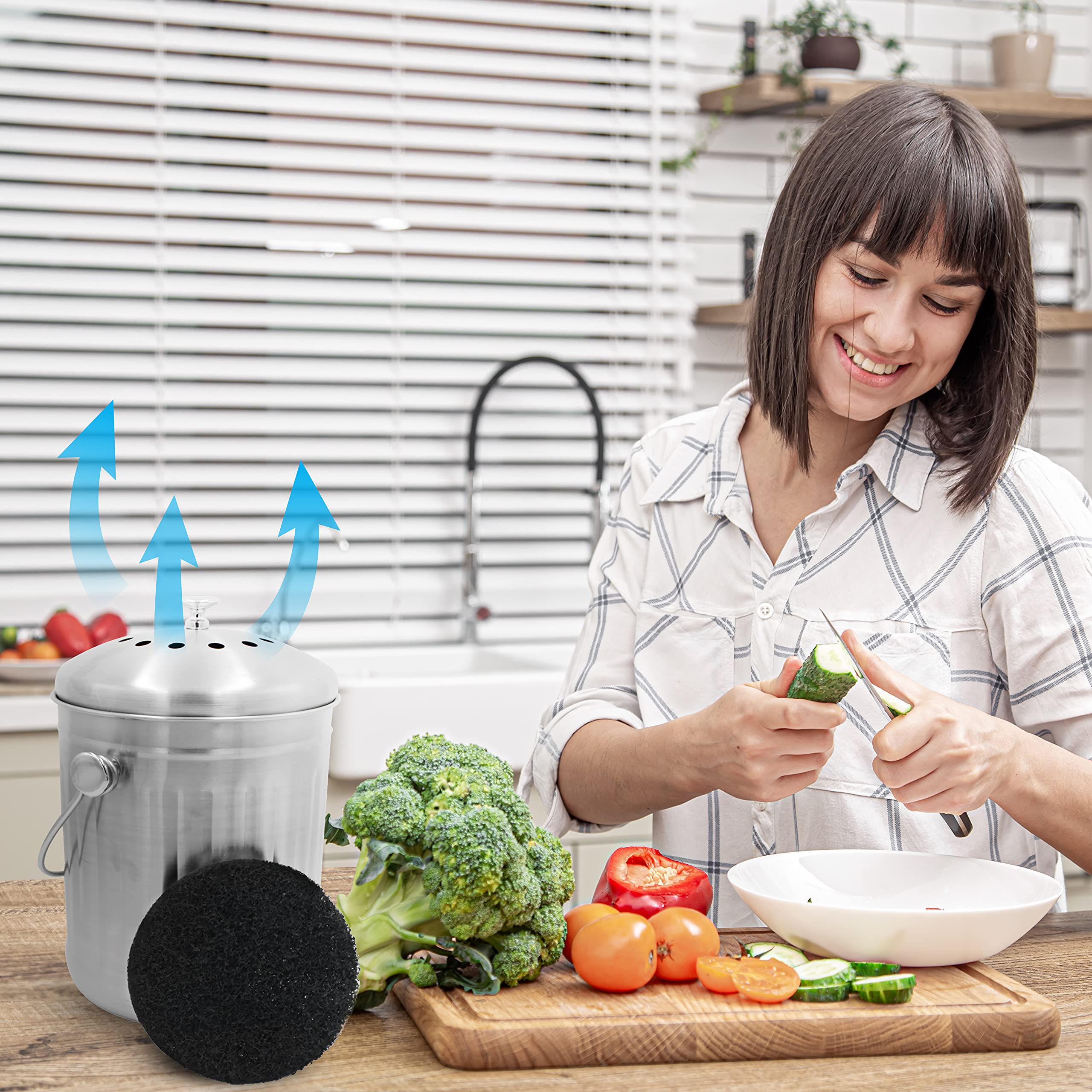 BioStrike -Activated Carbon Filter Odor Absorbers for Kitchen Compost Bins - Extra Thick 5.5 inch Compost Bucket Charcoal Filters - Odor Control for Countertop Pails - Made in USA (6 Count)