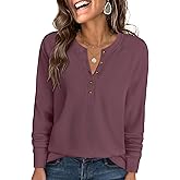 ANRABESS Women's Long Sleeve Waffle Knit Shirts Dressy Casual Loose Button Up V Neck Henley Tops 2026 Fall Basic Tee Blouse