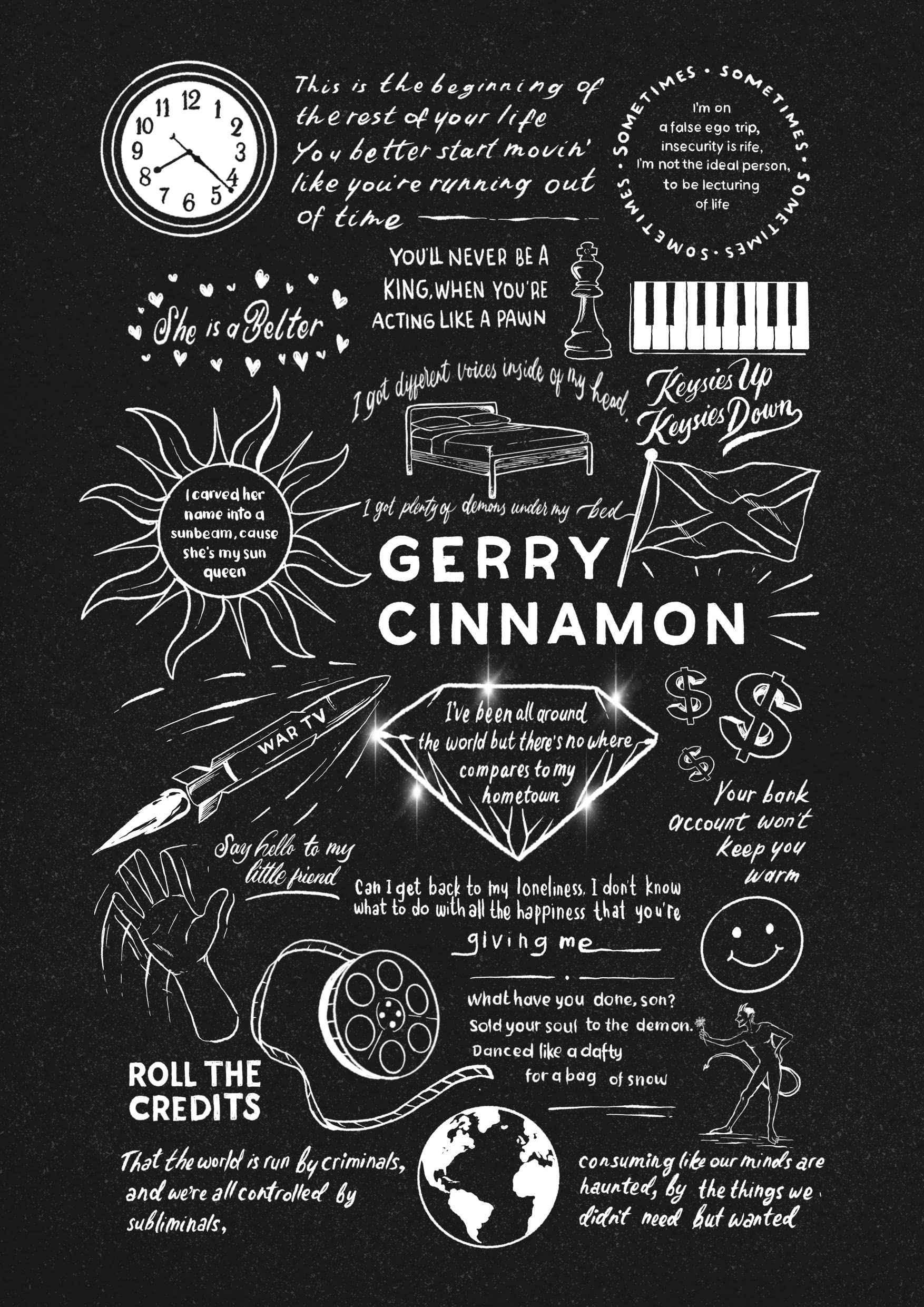 Hewson's Gifts Doodle Lyric Poster - Gerry Cinnamon Artwork Gift for Music Fan (Black Chalkboard, A4 Unframed)