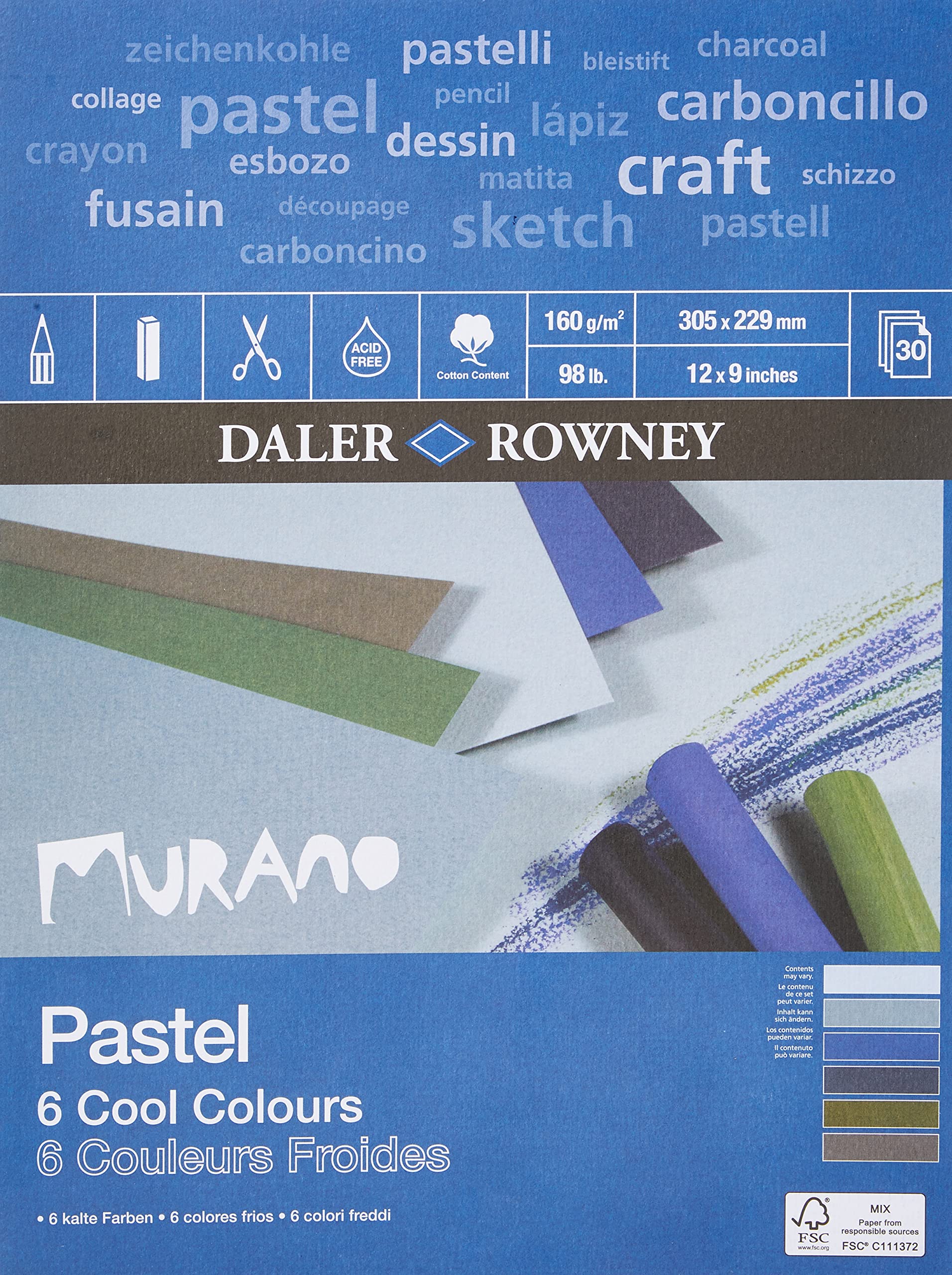 Daler-Rowney Murano 160gsm 12 x 9in Pastel Paper Pad, 160gsm, Honeycomb Texture, Glued 1 Side, Cotton Content, 30 Cool Colours Sheets, Ideal for Professional Artists & Students