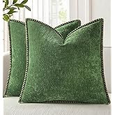 decorUhome Spring Chenille Soft Cozy Throw Pillow Covers 18x18 Set of 2, Modern Farmhouse Boho Velvet Decorative Pillow Cases with Stitched Edge for Couch Sofa Bed Home Decor, Forest Green
