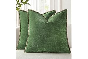 decorUhome Spring Chenille Soft Throw Pillow Covers 18x18 Set of 2, Farmhouse Velvet Neutral Decorative Euro Pillow Covers with Stitched Edge for Couch Sofa Bed Home Decor, Forest Elf