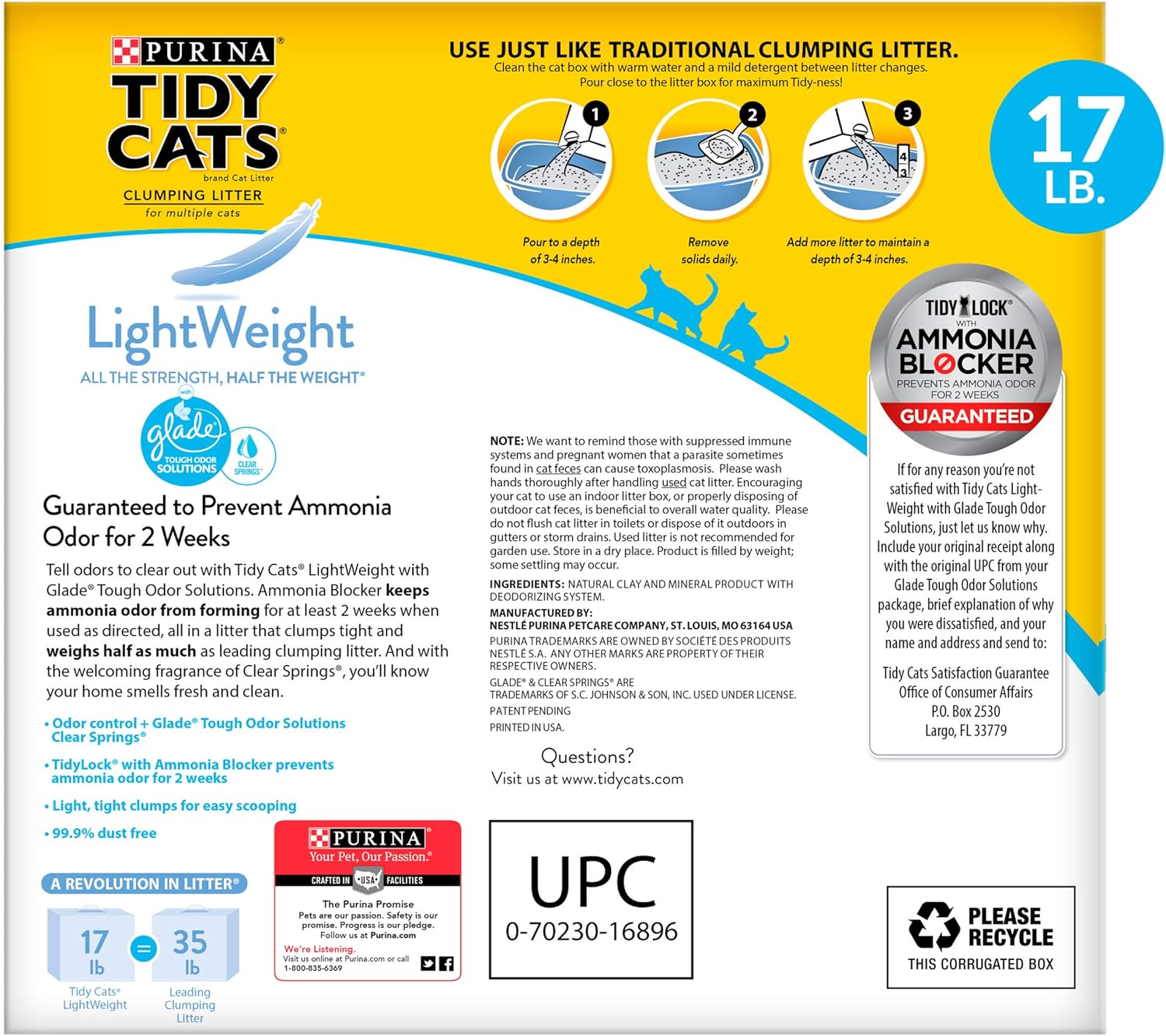 Purina Tidy Cats Light Weight, Low Dust, Clumping Cat Litter, LightWeight Glade Clear Springs Multi Cat Litter - 17 lb. Box : Pet Supplies