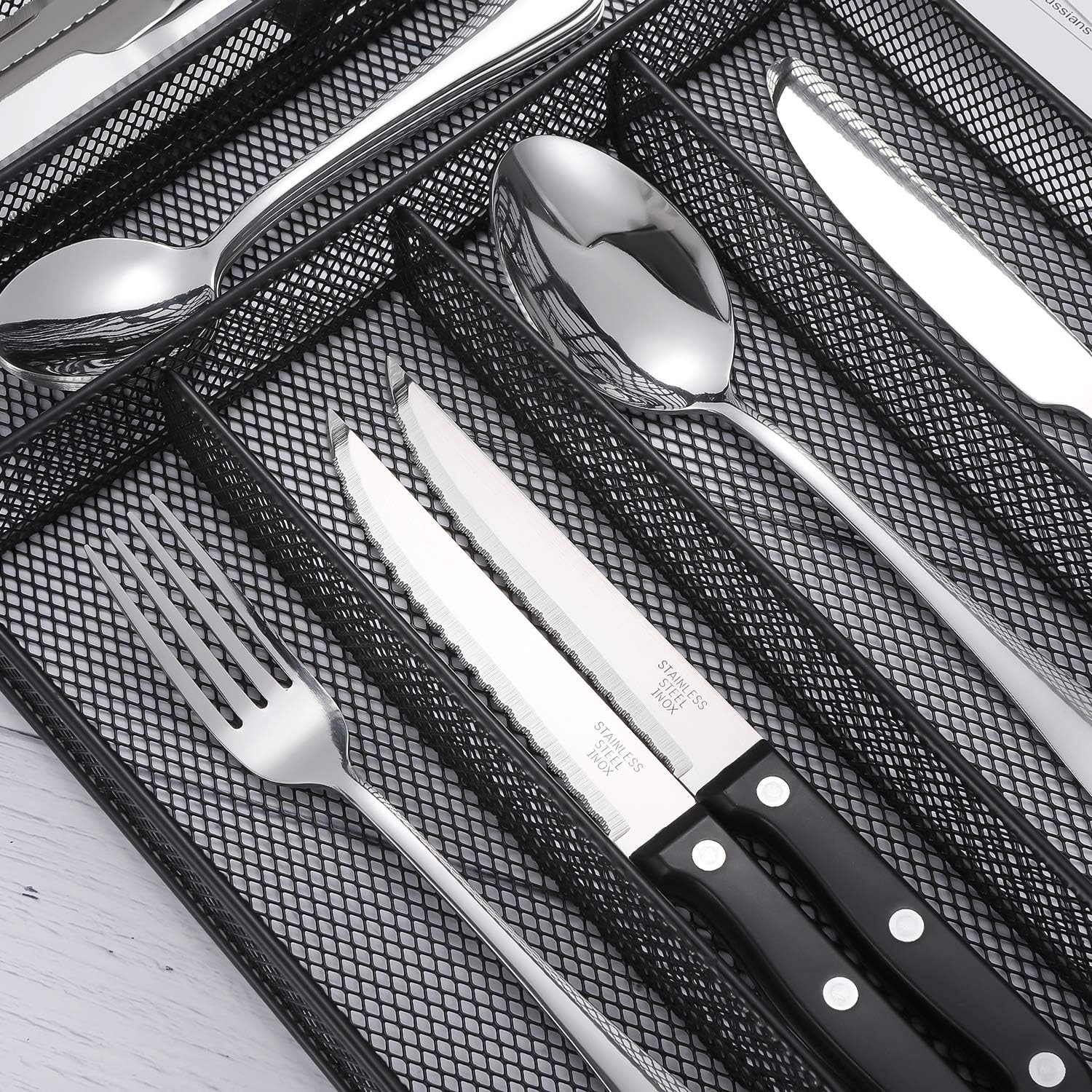  | Silverware Flatware Set, TOPBOOC 24- Piece Stainless Steel Cutlery Set, Utensils Set Service for 4, Include Knife/Fork/Spoon/Steak Knife/Wire Mesh Steel Cutlery Caddy, Mirror Polished (Silver, 24): Flatware Sets