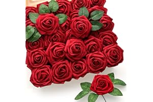 Mocoosy 50Pcs Red Roses Artificial Flowers Bulk, Dark Red Roses for Decorations, Real Looking Fake Foam Roses Bulk with Stems