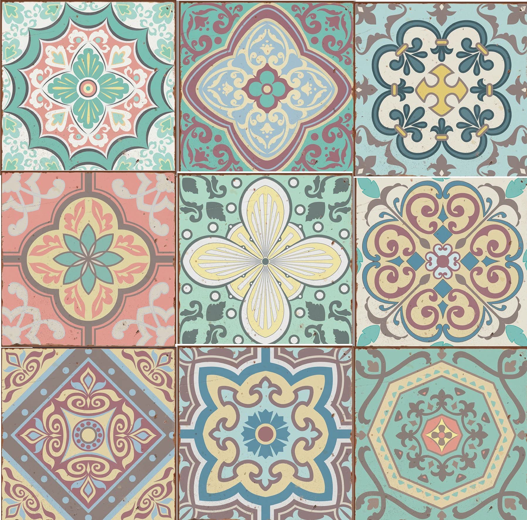 LPS Pack of 9 Mixed Pastel Tile Stickers Victorian Moroccan Retro Traditional Style Mosaic Style self-Adhesive Wall Art Decor transfers- Bathroom Kitchen splashbacks Floral Decal Peel Stick 15x15cm
