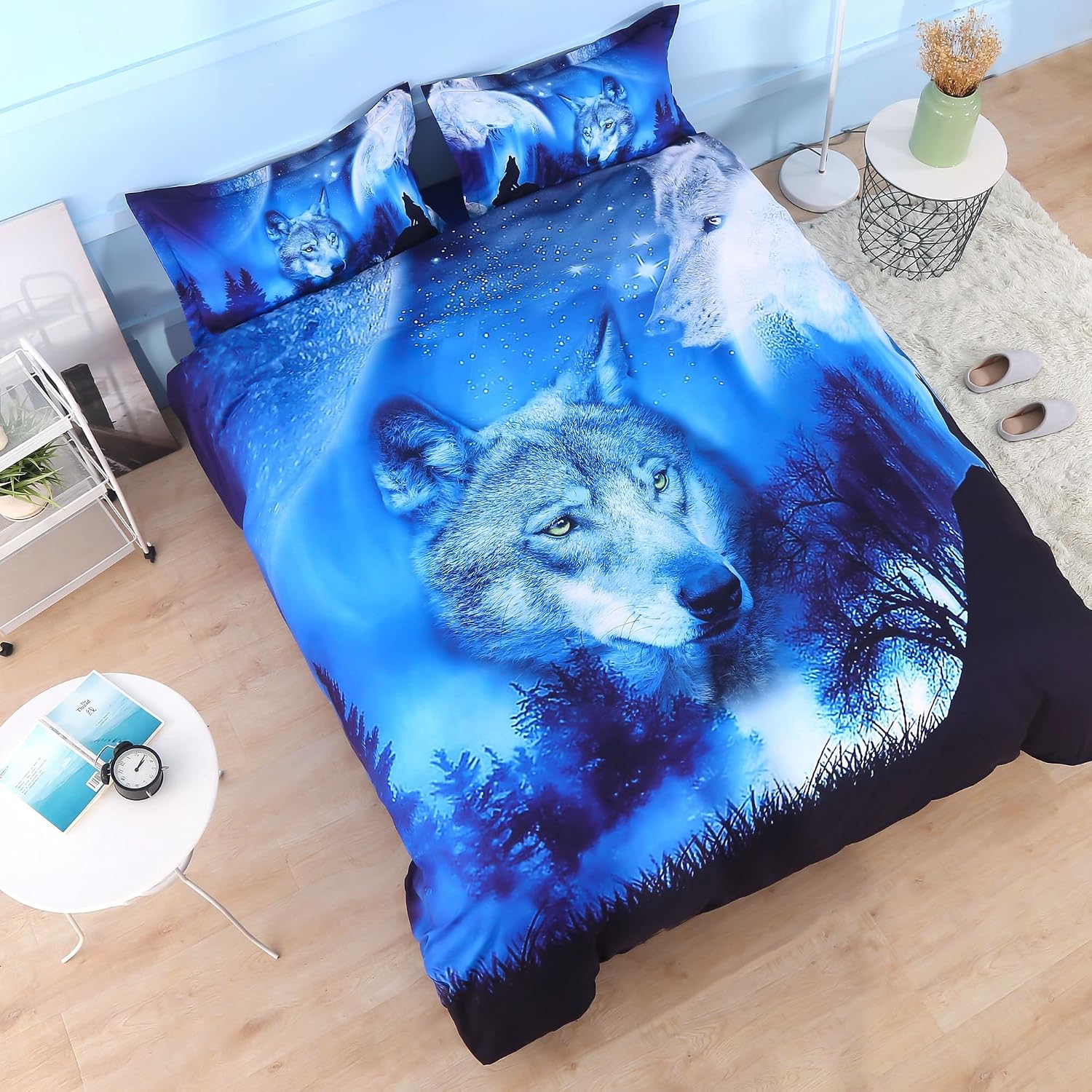 1 Fitted Sheet And 2 Pillow Cases Queen Moon Wolf Wowelife Wolf Bedding Sets 3d Comforter Set Blue 5 Pieces With 1 Comforter 1 Flat Sheet