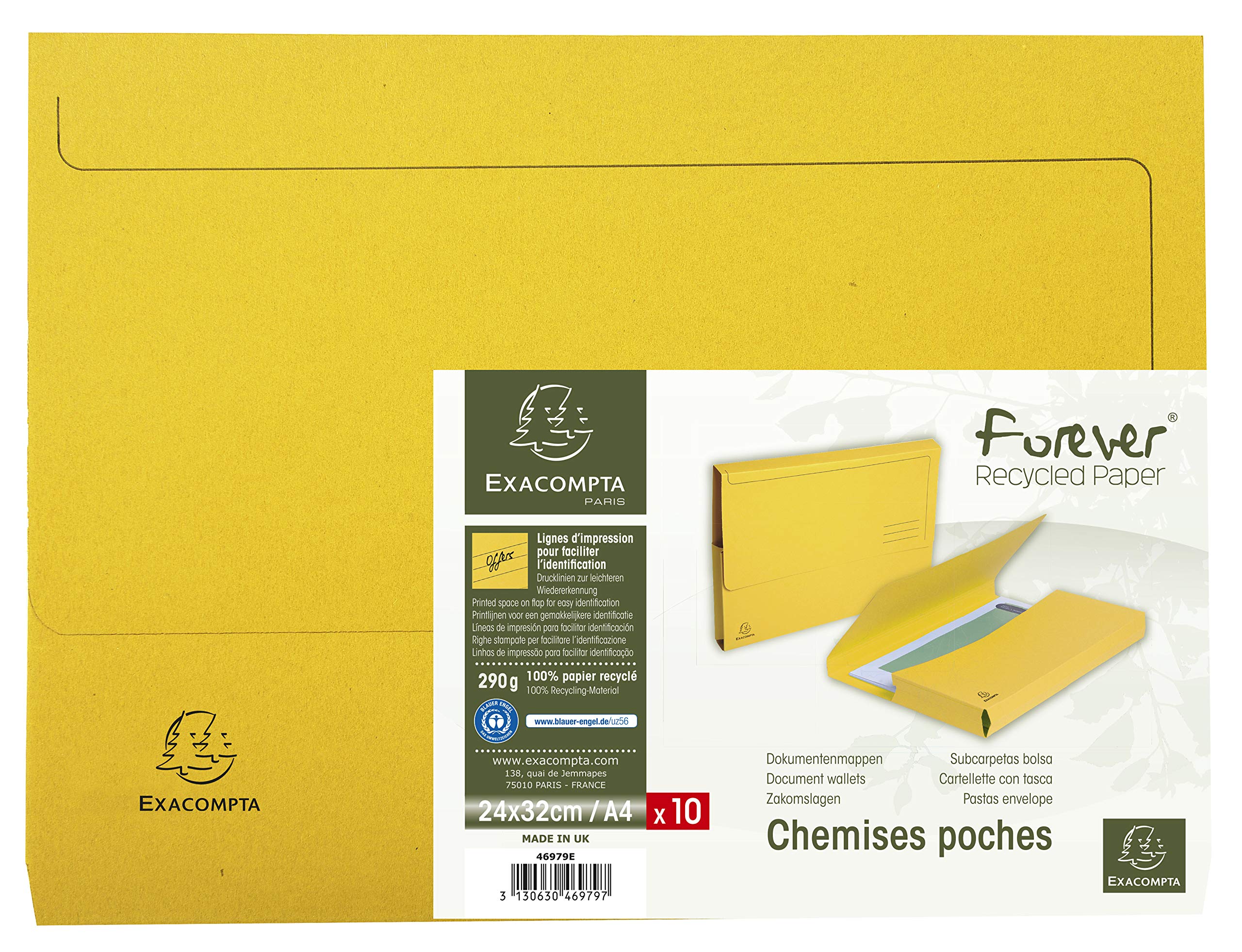Exacompta - Ref 46979E - Forever Collection - Document Wallets (Pack of 10) - 240 x 320mm in Size, Suitable for A4 Documents, 290gsm Premium Pressboard - Yellow