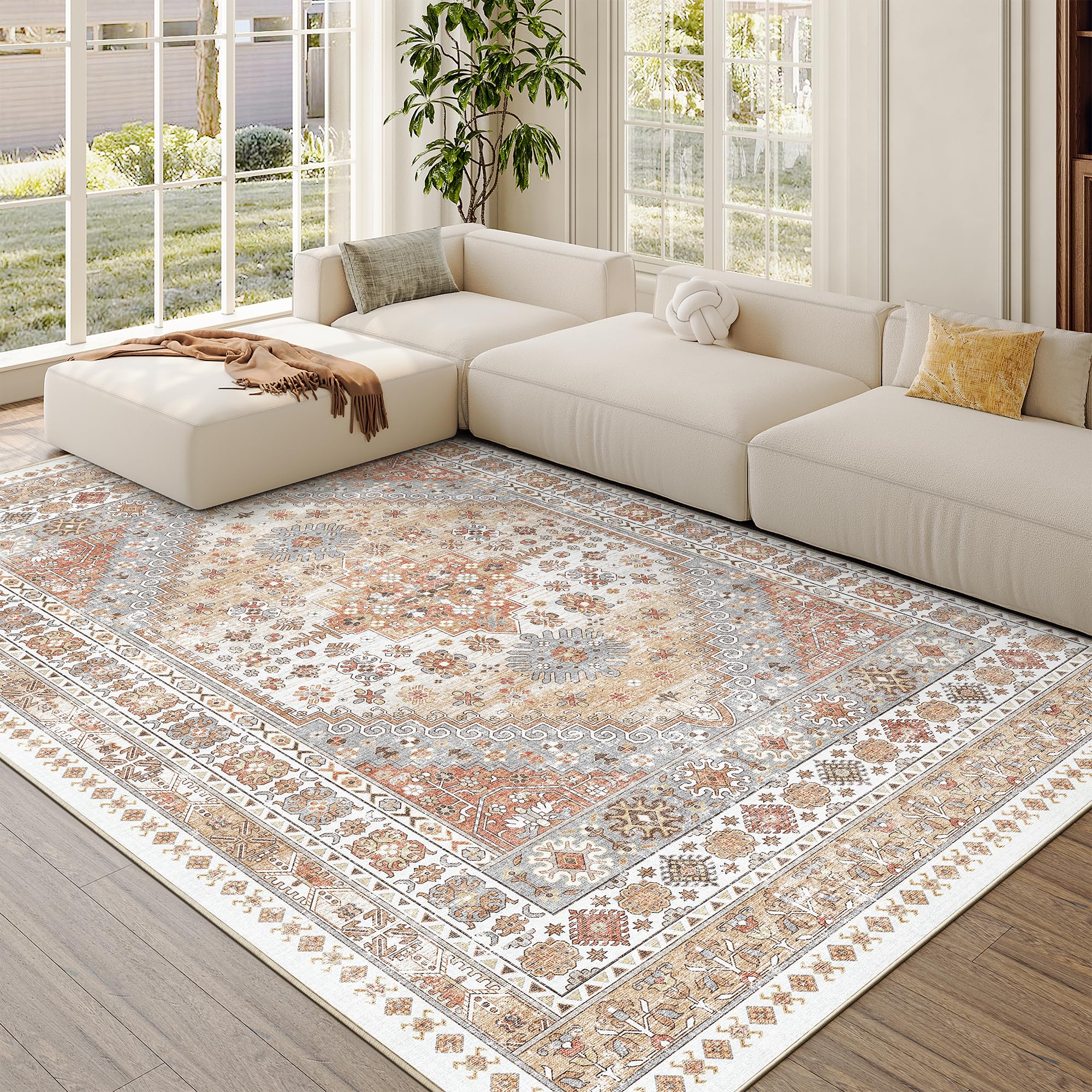 zesthome 5x8 Area Rugs - Ultra-Thin Washble Rug, Stain Resistant Anti Slip Backing Rugs for Living Room,Bedroom, Vintage Home Decor Area Rug (Orange,5'x8') Image