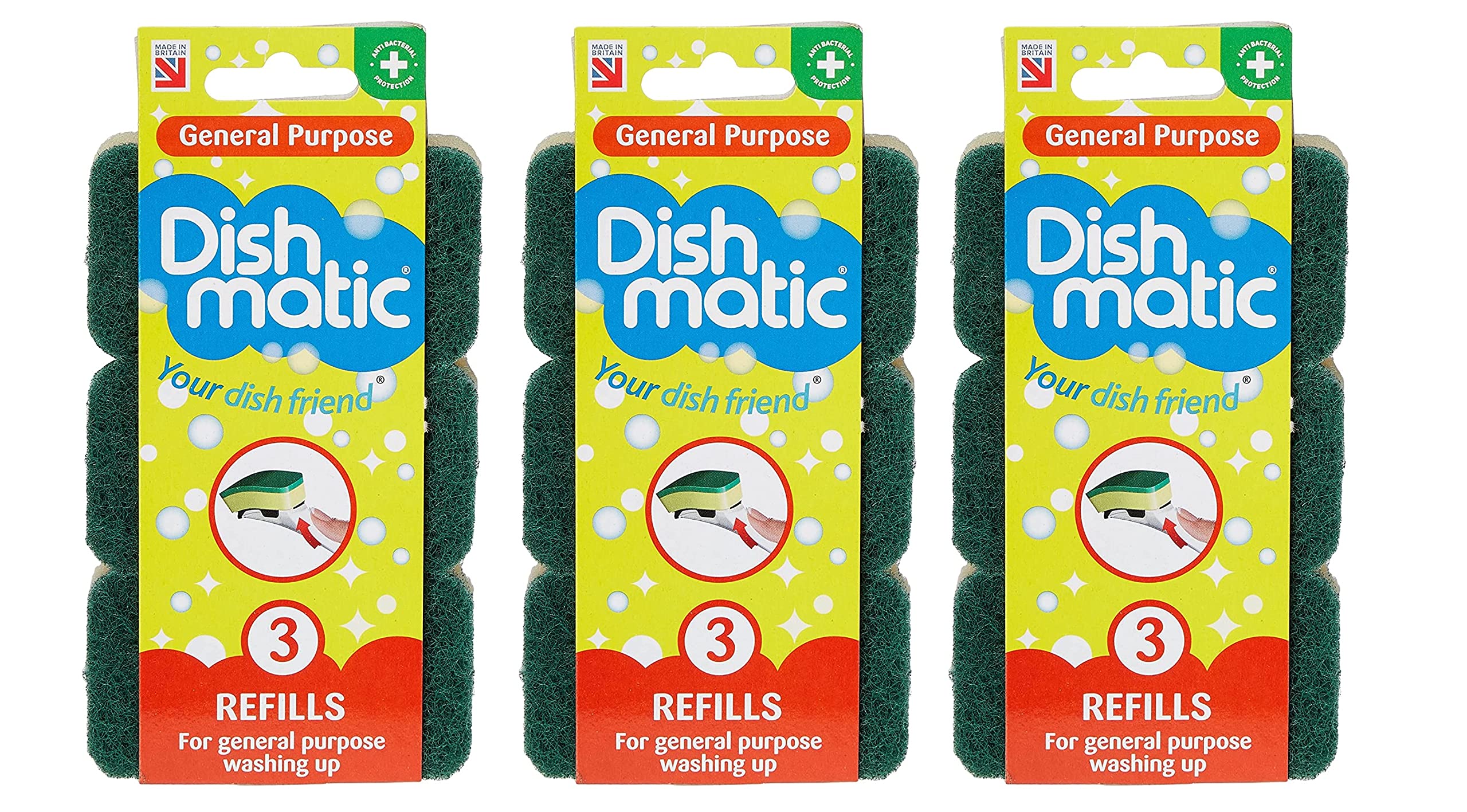 Replacement Dish Washing Fillable Washing up Brush Heavy Duty, General, Non Scratch Refill Sponges Cleaning Scourer by UKDD® (Green Refills 3 x 3 =9 (General))