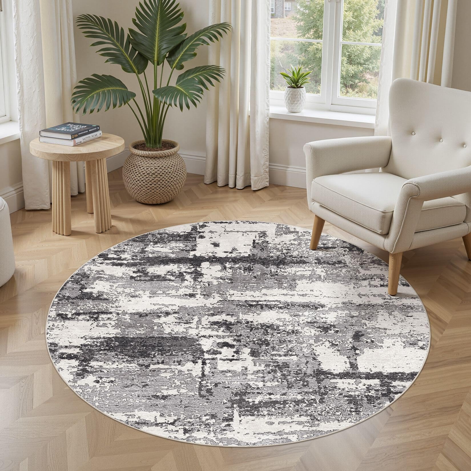 5ft Round Area Rugs for Living Room: 5x5 Abstract Washable Rug Modern Large Soft Stain Resistant Non-Slip Backing Machine Table for Bedroom Dining Room Indoor Home Office Carpet - Black Grey Image