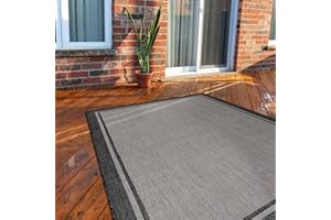 CAMILSON Indoor Outdoor Rug, 6x9 Bordered Grey Modern Area Rugs for Indoor and Outdoor Patios, Kitchen and Hallway Mats, Washable Porch Deck Outside Carpet (Bordered Grey, 9x9)