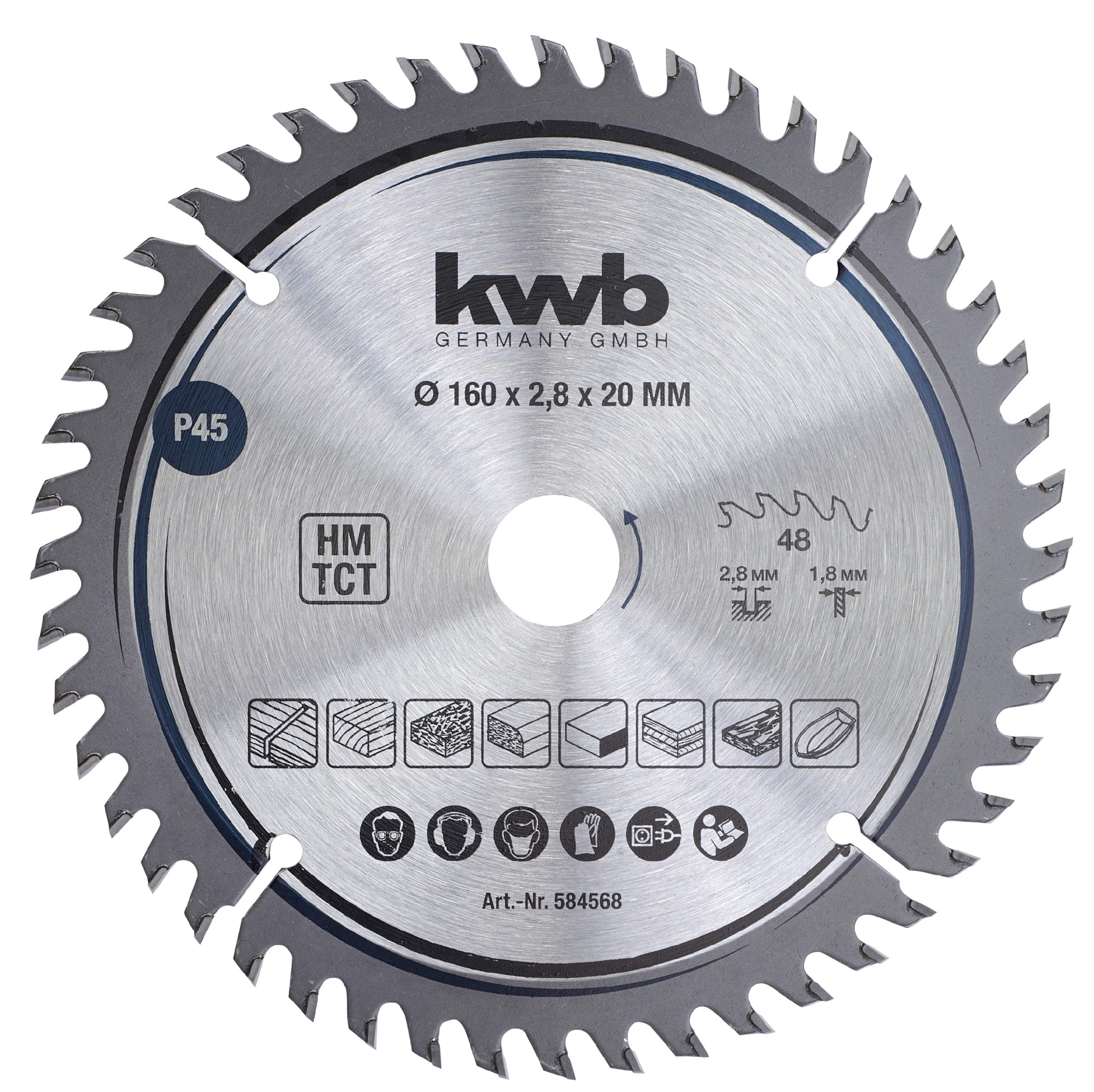 kwb 584568 Carpenter Circular Saw Leaf, Wood/Hardwood, 160 x 20 mm cuts, high Number, 48 Teeth Z-48, Precision Saw Blade fine, 160 x 20
