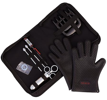 TeiKis BBQ Set [1x BBQ Gloves, 1x Bear Paws Meat Handler, 1x Seasoning Injector Grilling, 1x Case] Heat Resistant Barbeque Grill and Smoker Kit Accessories