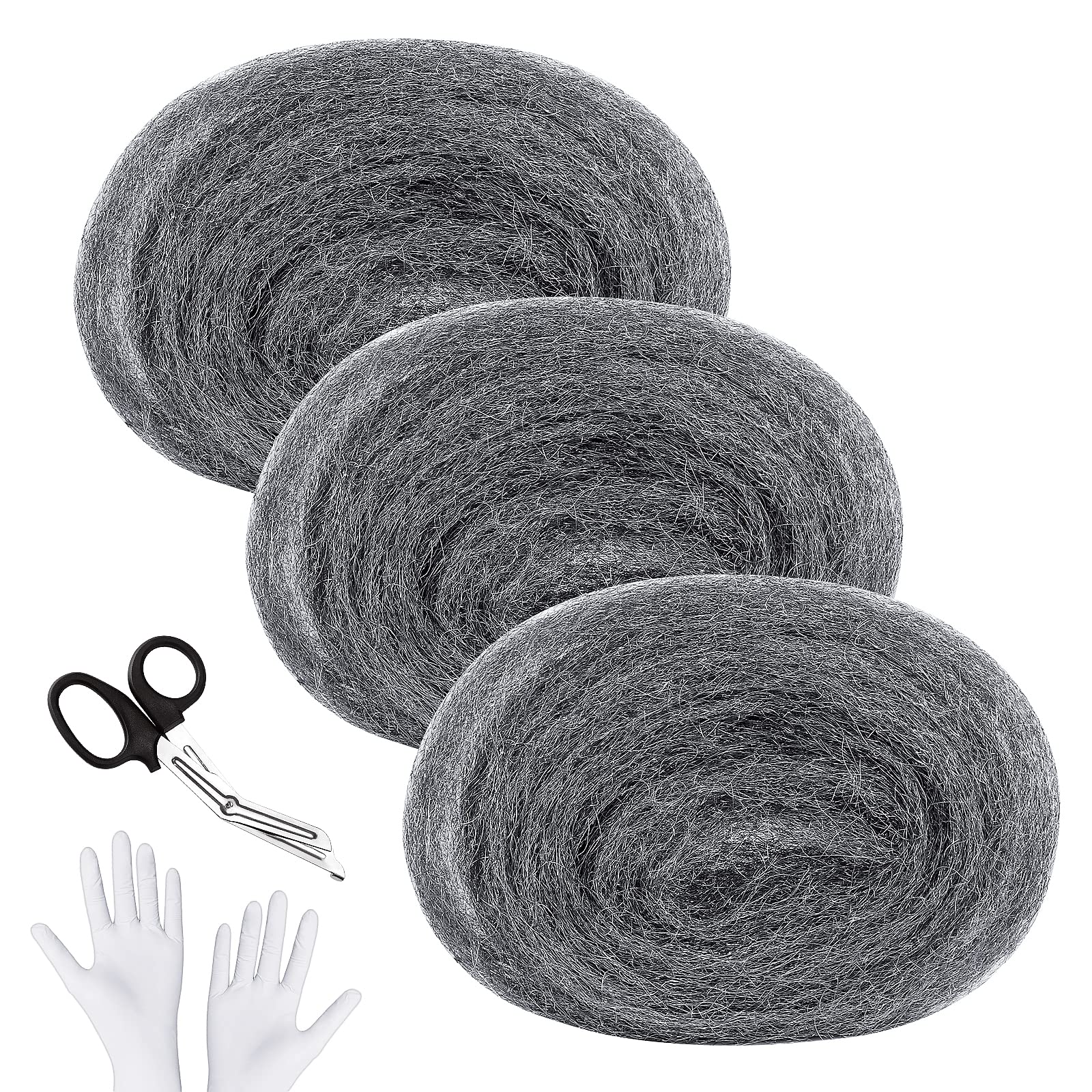 SelfTek Steel Wool Mice, 3 Pack Wire Wool Mice 50ft/15 Meter Coarse Steel Wool Mice Blocker for Rodent Control, Cleaning, Polishing with Work Gloves and Scissors(5m/roll) (#2B)