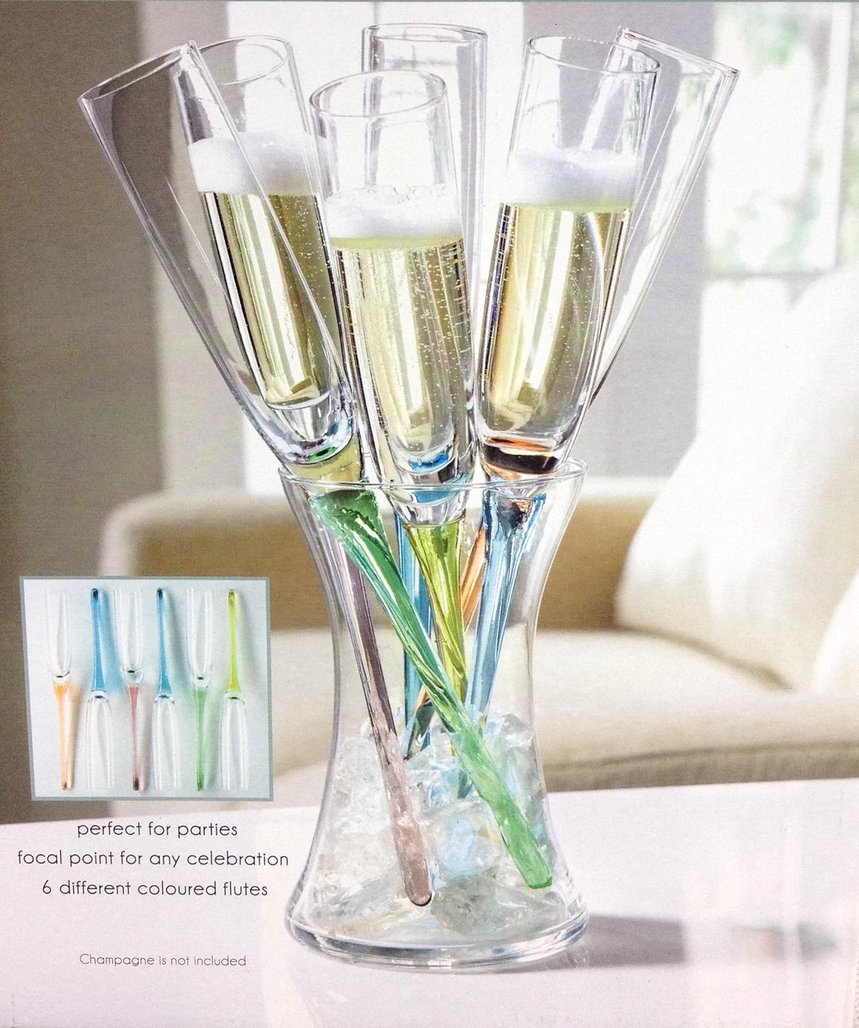 6 X Champagne Flutes Glasses With Coloured Stems And Flute Holder