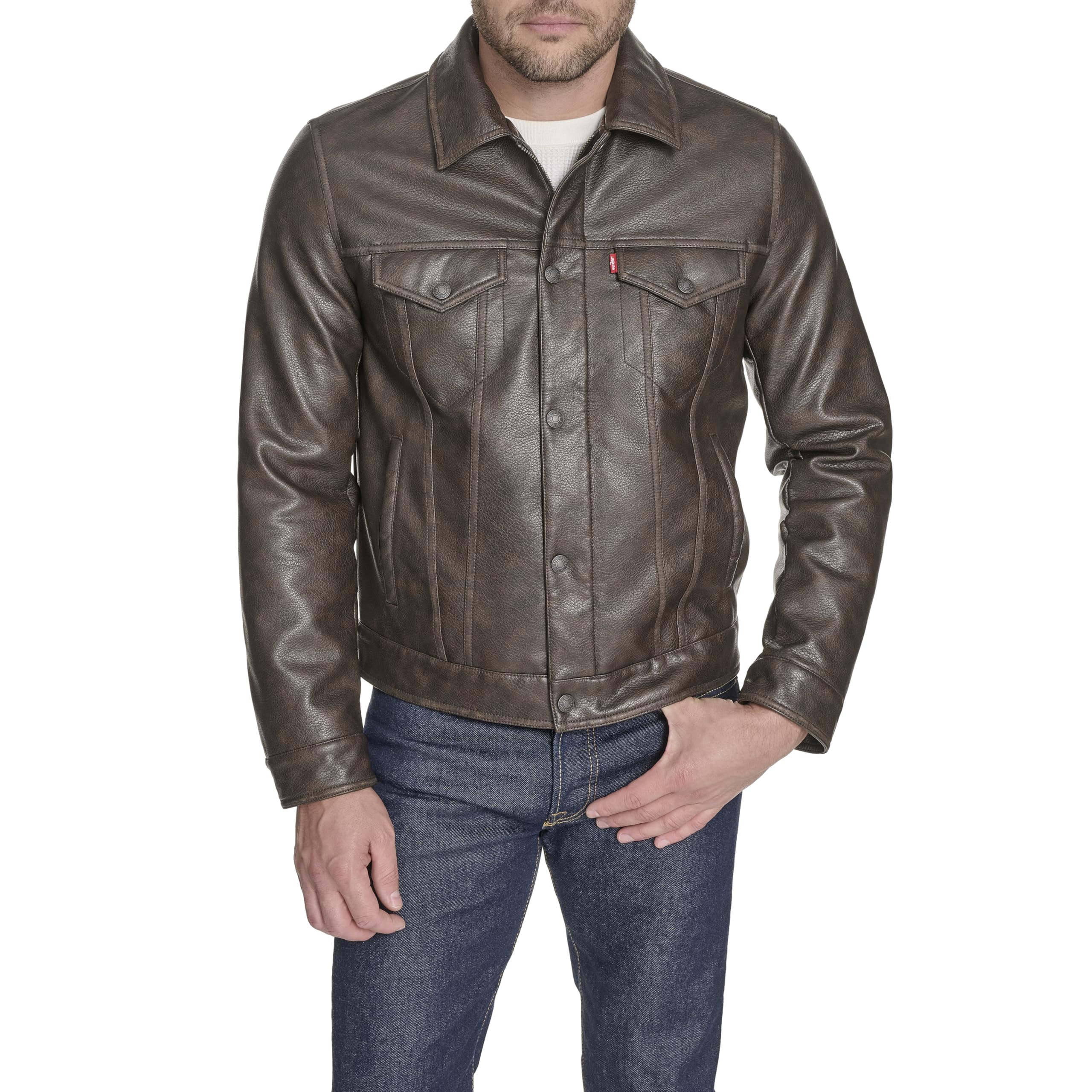Levi's Men's Faux Leather Classic Trucker Jacket, Grainy Cow Brown, Large Tall Image Levi's Men's Faux Leather Classic Trucker Jacket, Grainy Cow Brown, Large Tall Image