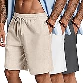 Neer 3 Pack Men's Cotton Linen Shorts Elastic Waist Drawstring Bermuda Shorts Summer Knee Length Beach Short with Pocket