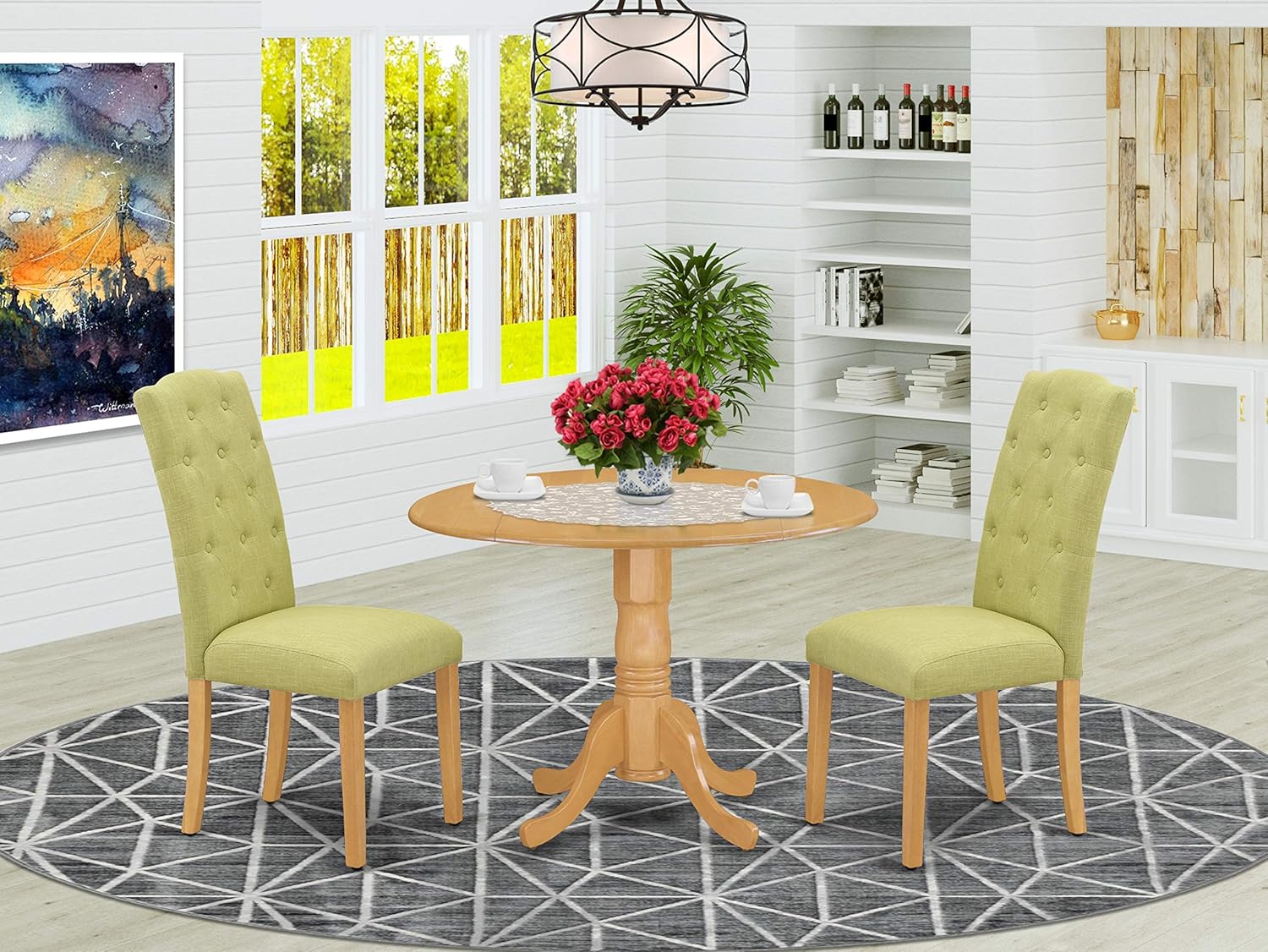 Amazon Com East West Furniture Kitchen Set 3 Pc Lime Green Linen Fabric Button Tufted Kitchen Parson Chairs Oak Finish Hardwood Drop Leaves Pedestal Dining Table And Structure Furniture Decor