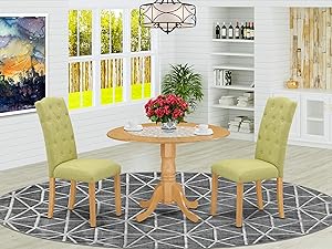 East West Furniture Kitchen Set 3 Pc - Lime Green Linen Fabric Button-tufted Kitchen Parson Chairs - Oak Finish Hardwood drop leaves Pedestal Dining Table and Structure