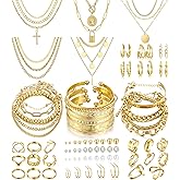 FAXHION 68 Pcs Gold Jewelry Set for Women with 7 Necklace, 17 Bracelet, 5 Hoop Earrings, 15 Stud Earrings, 24 Knuckle Rings for Women Jewelry Set for Women