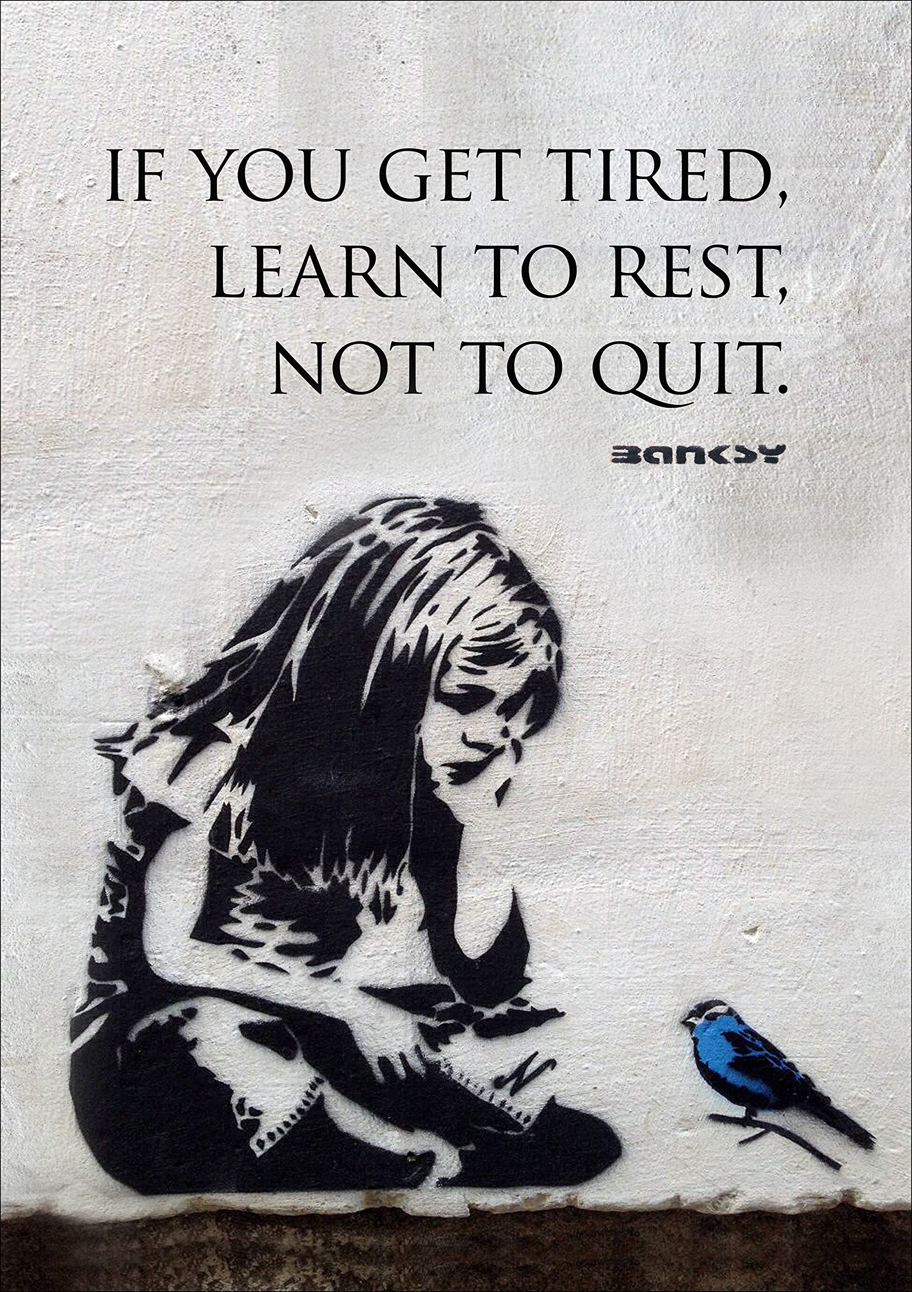 CanvasArtShop Banksy Blue Bird Girl Quote Portrait Premium Wall Art Framed Picture Prints - 3 Colours - 4 Sizes (Unframed, A2)