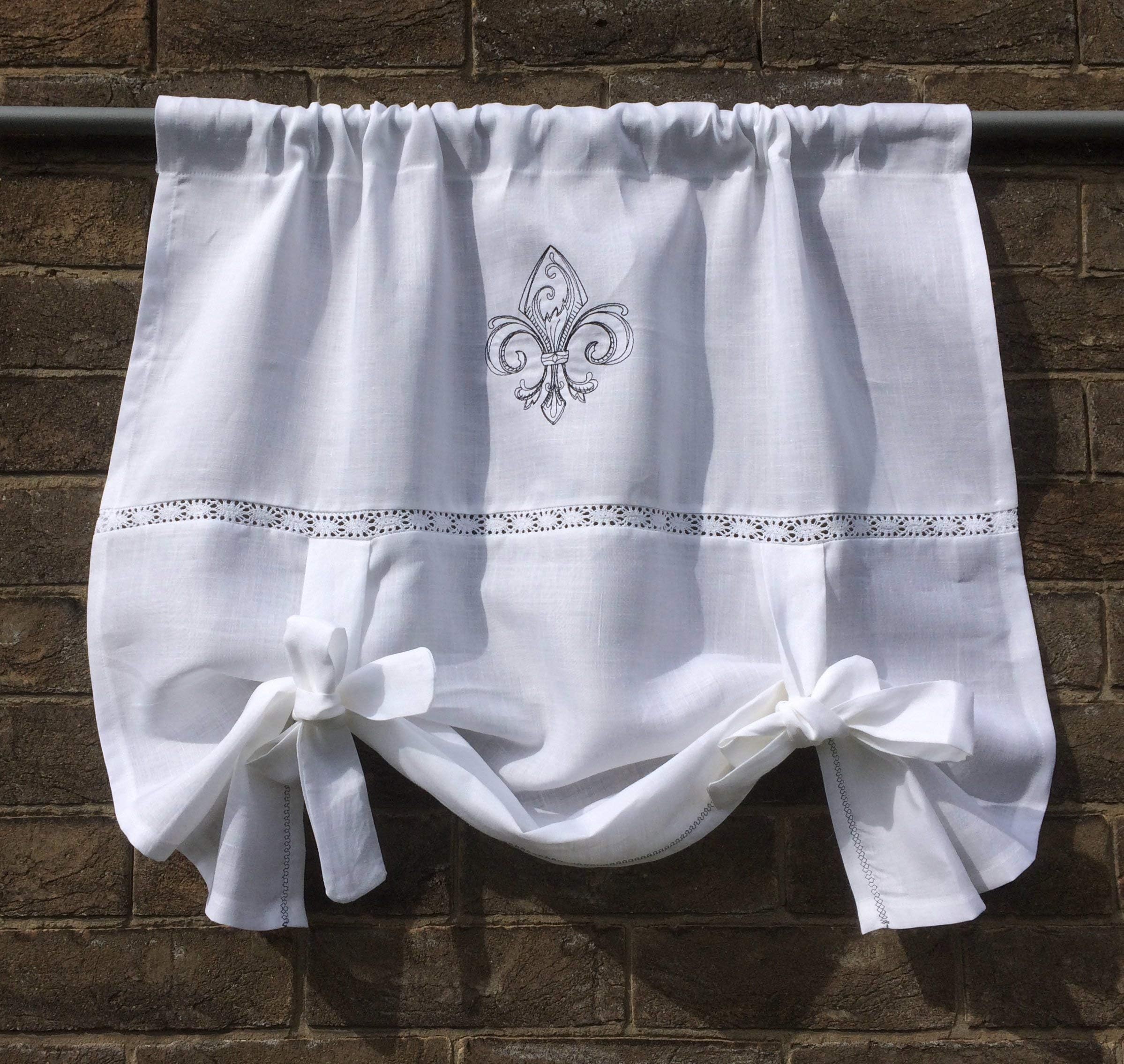 Custom Personalized Tie Up Curtain White Linen Bathroom Sash Lace Curtain Valance Monogram