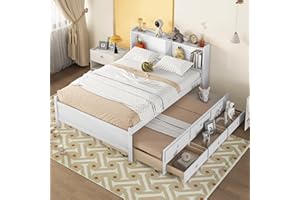 BELLEMAVE Full Size Bed Frame with Bookcase Headboard,Captain’s Bed Full with Trundle and Drawers for Kids,Trundle Bed with Storage for Teens,Adults(Full,White)