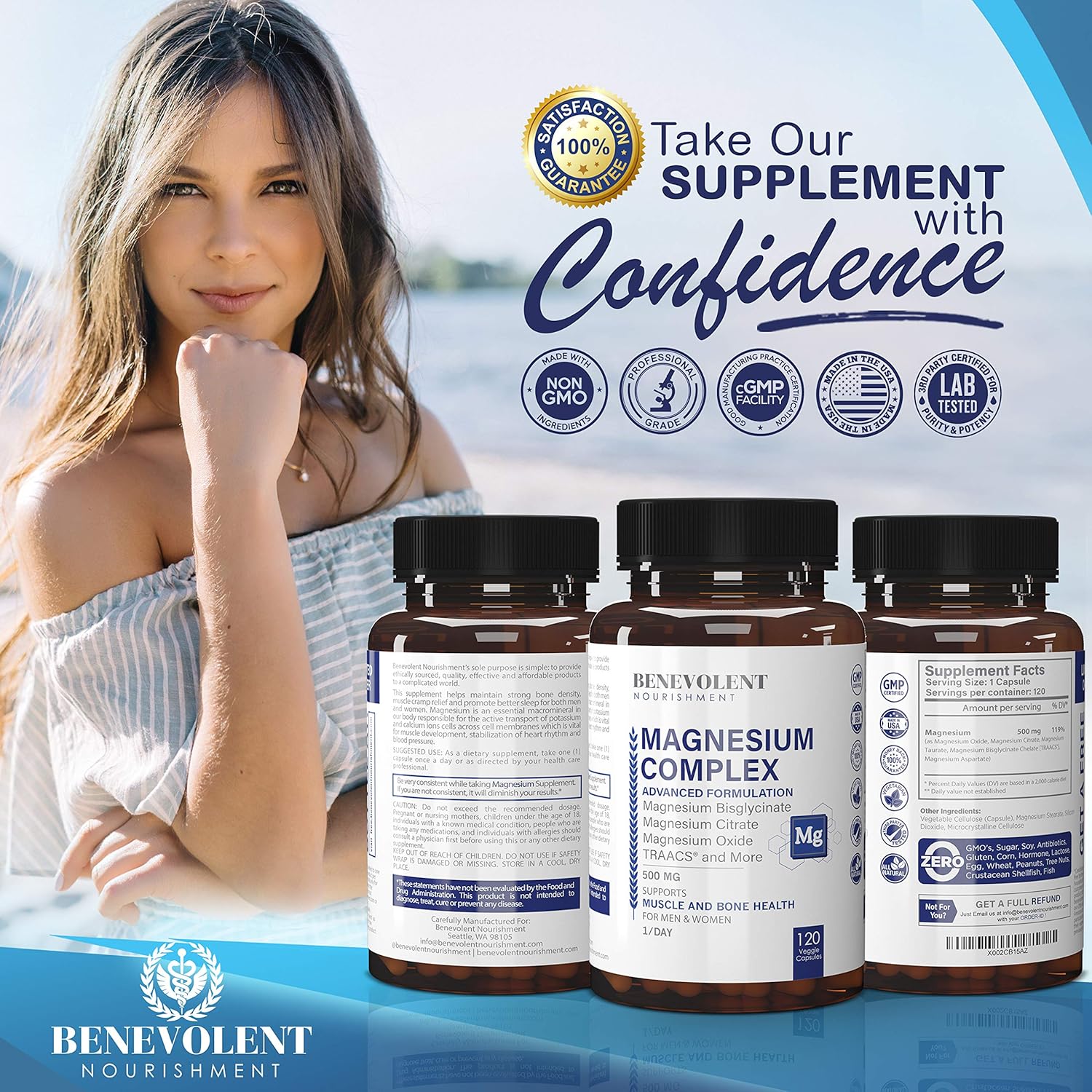 Magnesium Complex 500mg - Magnesium Citrate, Oxide, Taurate, Bisglycinate Chelate TRAACS - Max Absorption Supplement for Sleep, Leg Cramps, Muscle Relaxation, Headaches - 120 Vegan, Non-GMO Capsules: Health & Personal Care