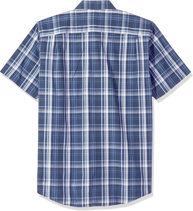 Camisa Informal de Popelina de Manga Corta Hombre, Azul Marino Cuadros Medio, M