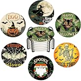 ubcindy Halloween Vintage Coasters Set of 6 for Drinks, Round Absorbent Ceramic Stone Coaster with Cork Base, Halloween Theme Coaster with Metal Holder for Coffee Table Home Decorations Party Gifts