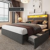 Forestell Queen Bed Frame with 4 Drawers and Storage Headboard, Grey Upholstered Platform Bed Frame Queen Size with Charging Station and LED Lights, Metal Slats Support, No Box Spring Needed