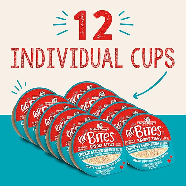 STELLA & CHEWY’S LIL BITES SAVORY STEWS FOR SMALL BREEDS CHICKEN & SALMON DINNER IN BROTH, 2.7 OZ. CUPS (PACK OF 12)