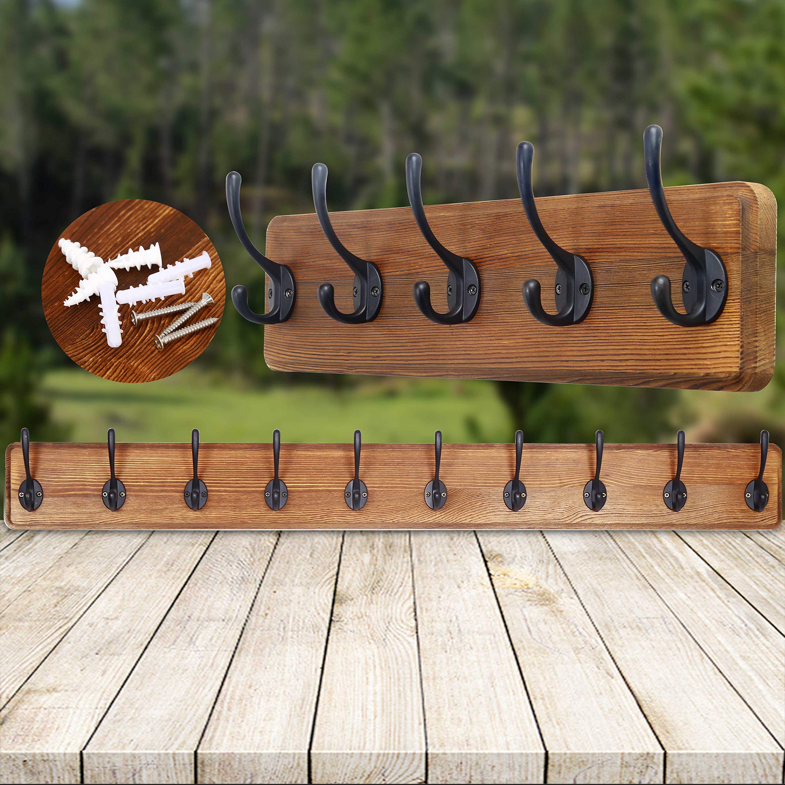 SKOLOO Rustic Wall Mounted Coat Rack 16inches Hole to Hole, Pine Solid Wood Coat Hook Hanger