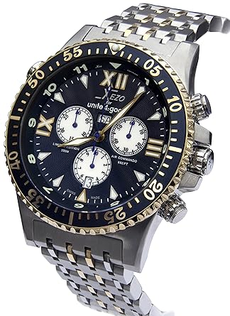 Xezo Mens Gold Plated Diver Pilot Professional Swiss Made Chronograph 2nd Time Zone Watch