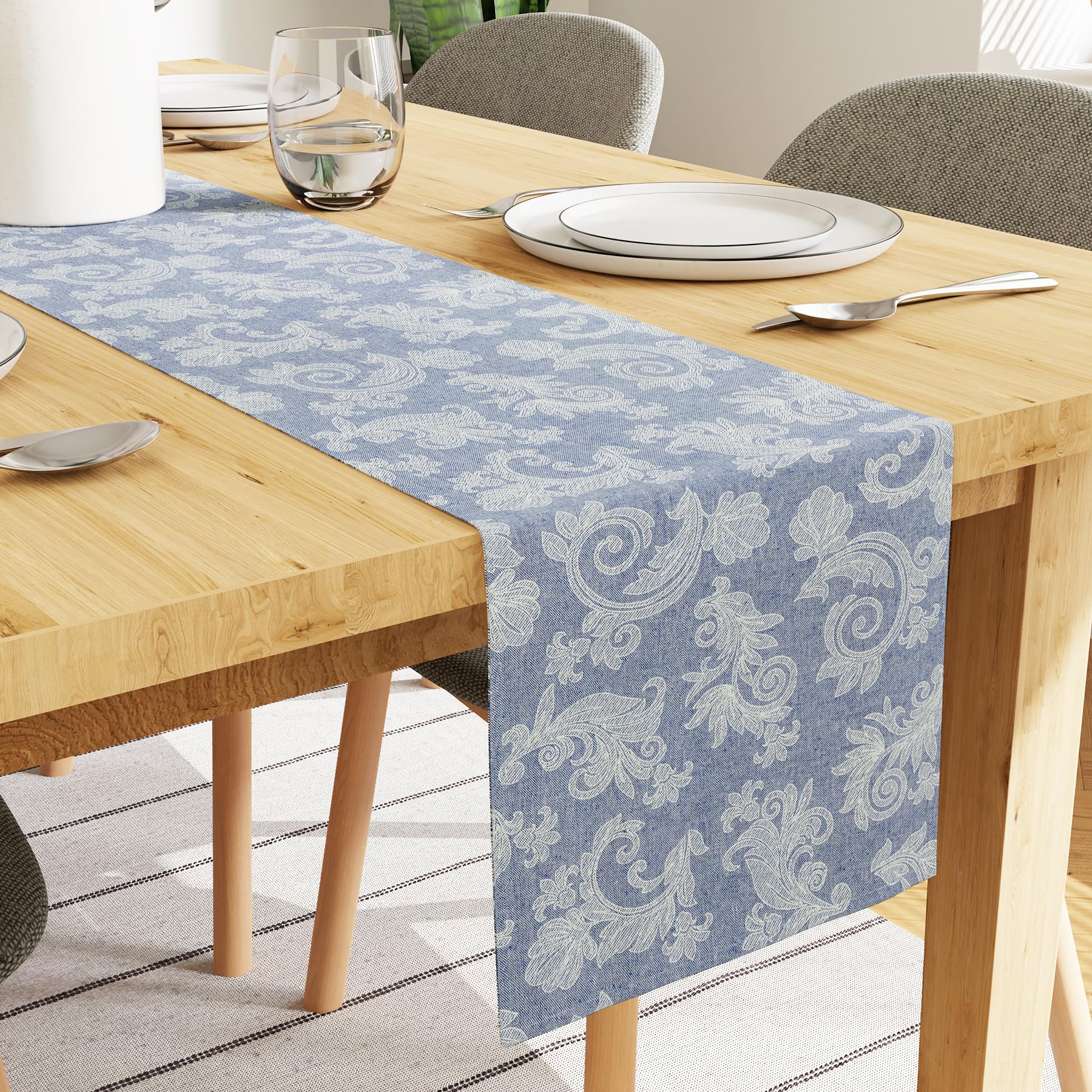 Photo 1 of Encasa XO Dining Table Runner for 4 Seater I Size 13"x59" | - Floral Blue Jacquard Style Print on Homespun Cotton | Fast Colours, Machine Washable