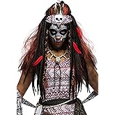 Fun Costumes Voodoo Witch Doctor Costume Wig for Women - Voodoo Priestess Cosplay Wig with Dreadlocks, Bandana & Feathers - Red, Standard