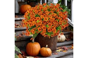 AXYLEX Artificial Fall Flowers Outdoor Fake Mums - 16 Bundles Fake Plants UV Resistant No Fade Faux Plastic Greenery Garden Porch Patio Fall Home Decor (Red Orange16)