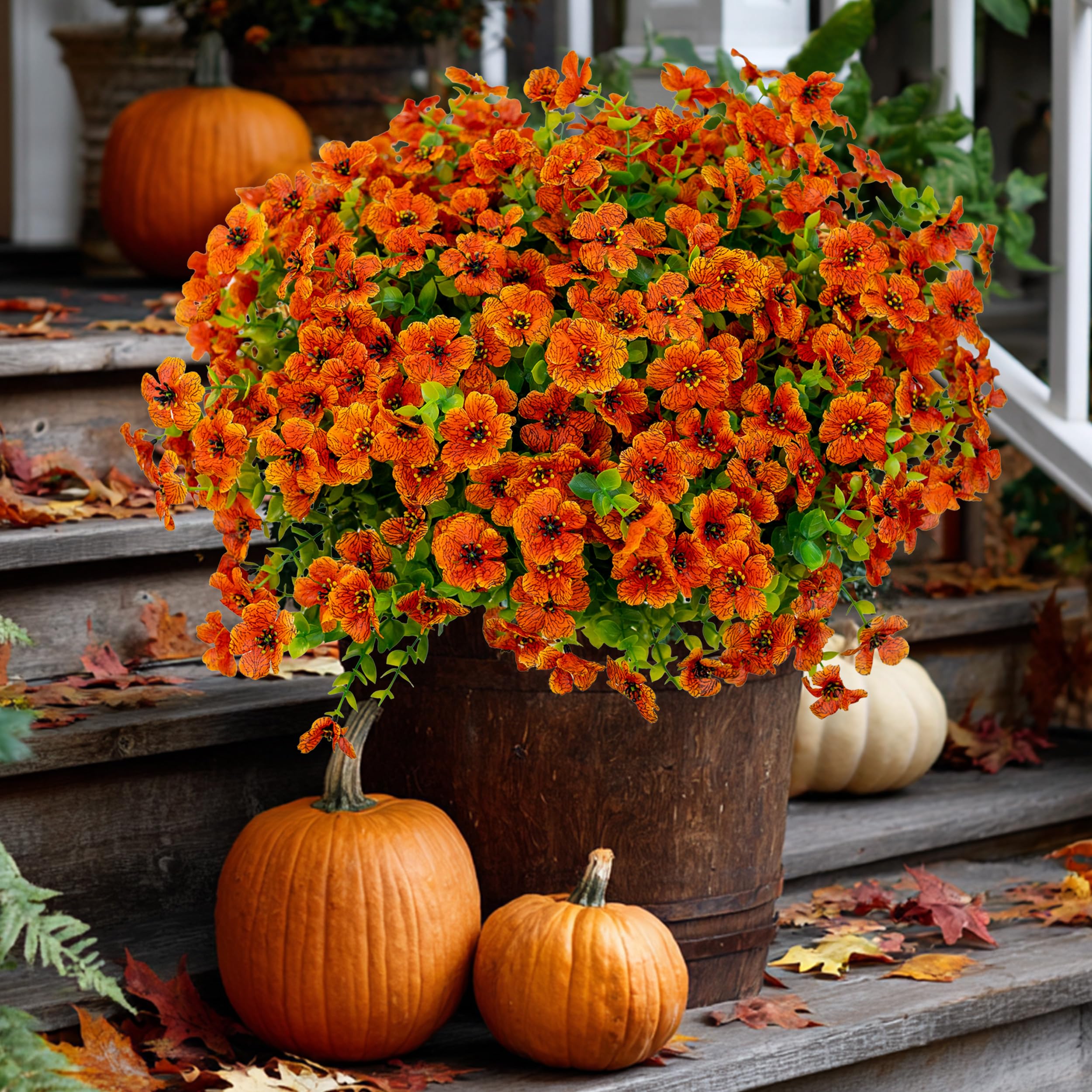 Photo 1 of AXYLEX Artificial Fall Flowers Outdoor Fake Mums - 16 Bundles Fake Plants UV Resistant No Fade Faux Plastic Greenery Garden Porch Patio Fall Home Decor (Red Orange16)