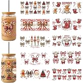 10 Pcs Country Christmas UV DTF Cup Wrap Stickers for 16oz Glass Cans | 9.4 x 4.3 inch wraps with plaid bows, Highland cows, boots, Santa and candy canes for 16oz glass can cups.