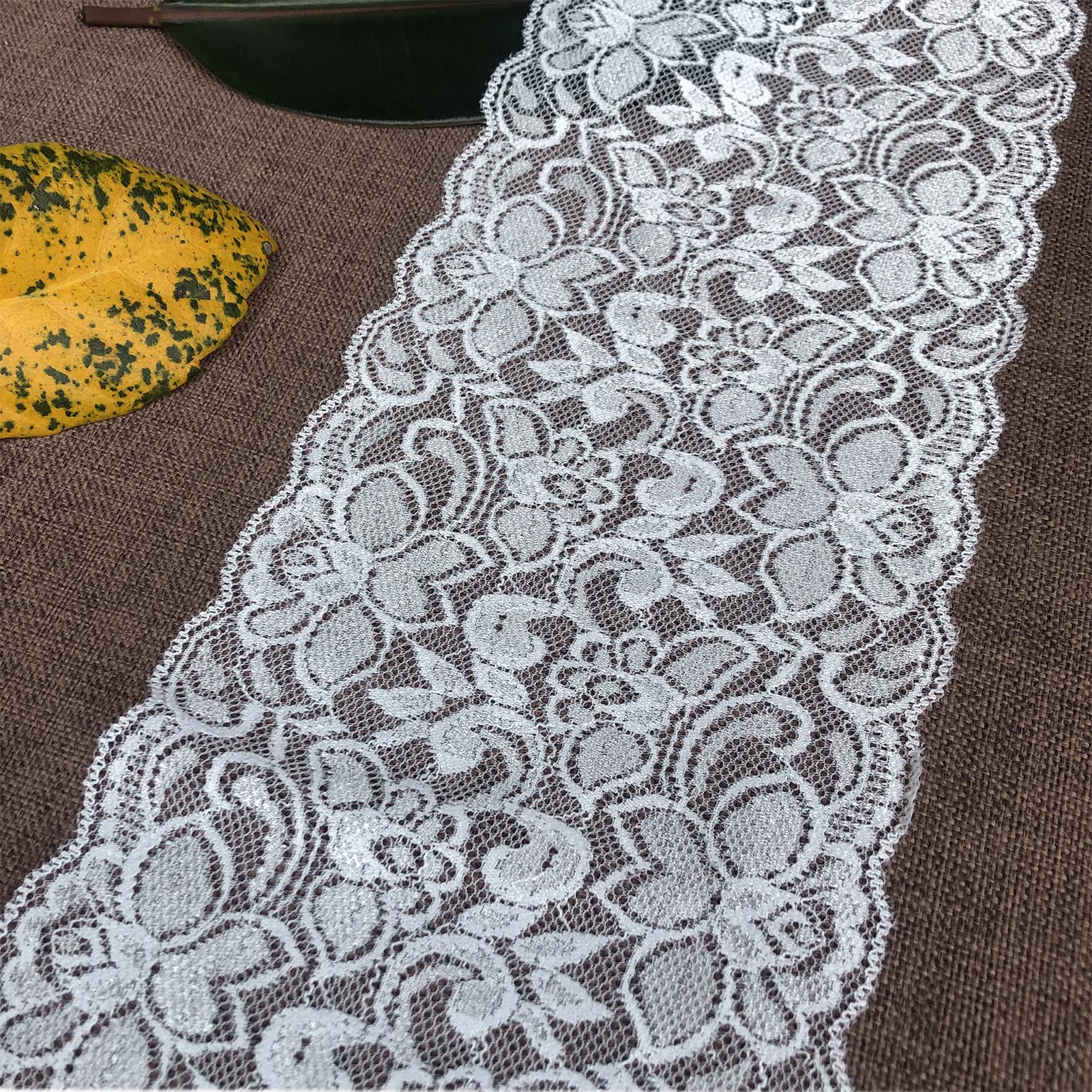 Olive Lace 6 inches Wide White Stretchy lace Ribbon Elastic Trim Fabric with Floral Pattern for Bridal Wedding Decorations, Sewing DIY Making and DIY Crafts-5 Yards (885 White)