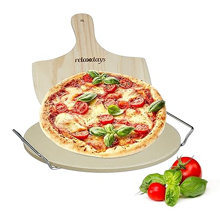 Relaxdays Pizzastein Set 1 cm Stärke mit Metallhalter und Pizzaschieber aus Holz HBT 4 x 32 x 32 cm runder Brotbackstein für 