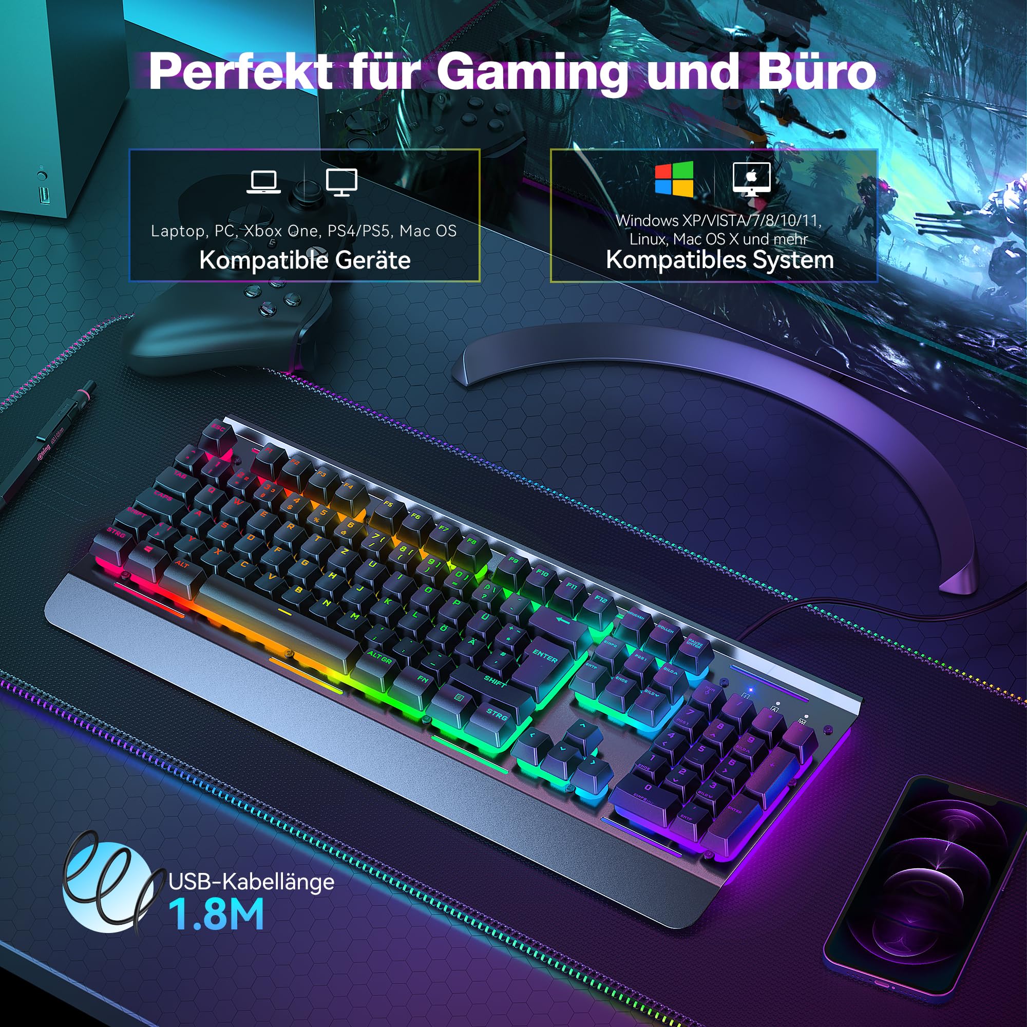 TECKNET Gaming Tastatur 105 Tasten Membrantastatur mit Vollmetall-Gehäuse 7