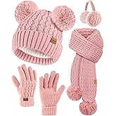HONGTEYA 4PCS Kids Winter Hat Gloves Scarf Earmuffs Set, Girls Toddler Winter Hat Beanie Fleece Lined Warm