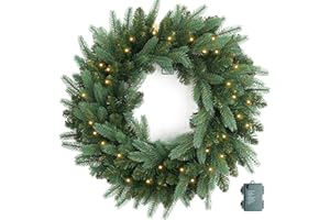 HOMEKAREN Christmas Wreath Pre Lighted 24 inch with 50 Led Fraser Fir Foliage Tips, Battery Operated Artificial Christmas Wreaths for Front Door with Lights, Green Christmas Decoration for Door Windows Wall